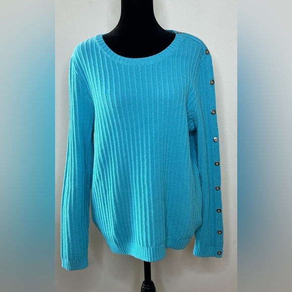 Talbots Sweaters - Talbots rib knit turquoise long sleeve sweater silver button detail Large EUC
